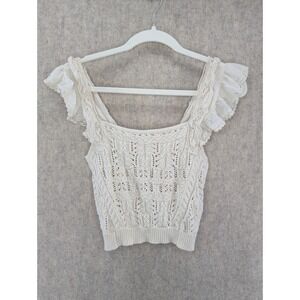 Anthropologie Cream Ruffle Sleeve Crop Top Ivory Cotton XS  Crochet